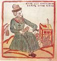 Ein Muschik macht Lapti (Fußbekleidung im Russland des 18. und 19. Jahrhunderts). Lubok aus dem 18. Jahrhundert.