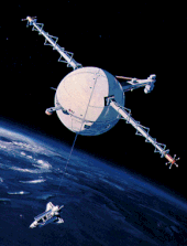 A NASA artist's rendering of a satellite tethered to the space shuttle. NASAtether.gif