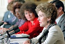 Nancy Reagan hosts the First Ladies Conference on Drug Abuse at the White House in March 1982. Nancy Reagan. White House Conference on Drug Abuse and Families (cropped).jpg