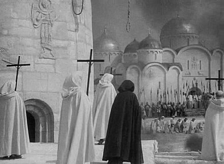 Teutonic Order (German) monks prepare the hanging of a Russian resistance leader. Still from Alexander Nevsky (1938)