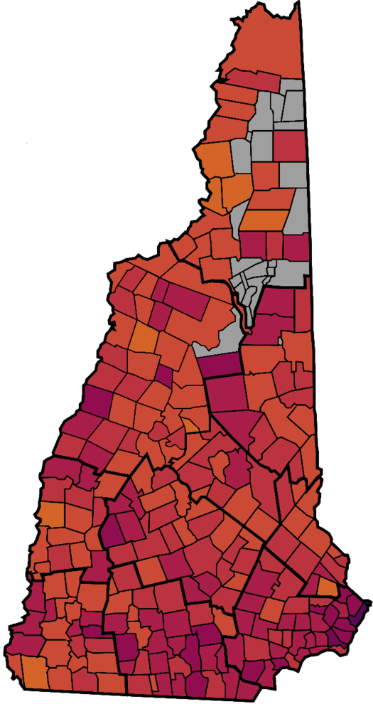 Map of municipalities by per capita income (ACS 2015-2019). Areas with higher income are shaded more purple, areas with lower income are shaded more orange. New Hampshire Communities by per capita income.png