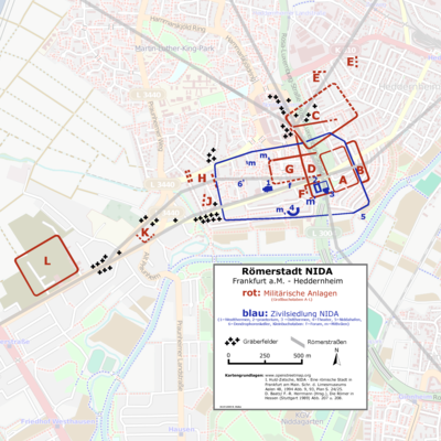 Map of Roman fortifications (in red) and civilian settlements (blue) in Nida-Heddernheim. Nida Heddernheim Karte.png