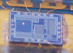 A two-dimensional photodiode array of only 4 x 4 pixels occupies the left side of the first optical mouse sensor chip, c. 1982. Optical mouse chip detail.png