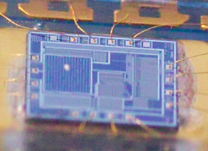 A two-dimensional photodiode array of only 4 × 4 pixels occupies the left side of the first optical mouse sensor chip, c. 1982.