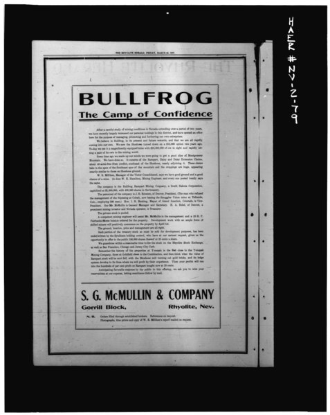 File:PHOTOCOPY OF 1907 ADVERTISEMENT FOR BULLFROG MINE. From Rhyolite, Nevada Herald (22 March 1907) - Bullfrog Mine, Rhyolite, Nye County, NV HAER NEV,12-RHYO.V,1-79.tif