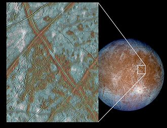This false color image on the left shows a region of Europa's crust made up of blocks which are thought to have broken apart and "rafted" into new positions. PIA03002 Blocks in the Europan Crust Provide More Evidence of Subterranean Ocean.jpg