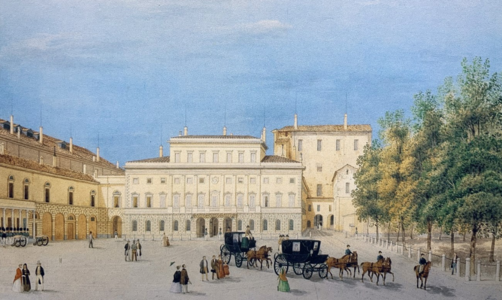 Le palais ducal, par Giuseppe Alinovi (1811-1848) : on distingue le Palazzo della Pilotta au fond et à gauche le corridor reliant le palais ducal au palazzo di Riserva.