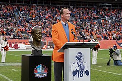 Manning being inducted into the Denver Broncos' Ring of Fame in 2021 Peyton Manning Broncos Ring of Fame.jpg