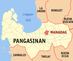 Mapon de Pangasinano montranta la lokon de Manaoag