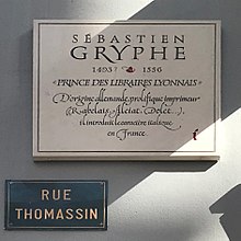 Plaque à Sébastien Gryphe - rue Thomassin à Lyon (France).jpg