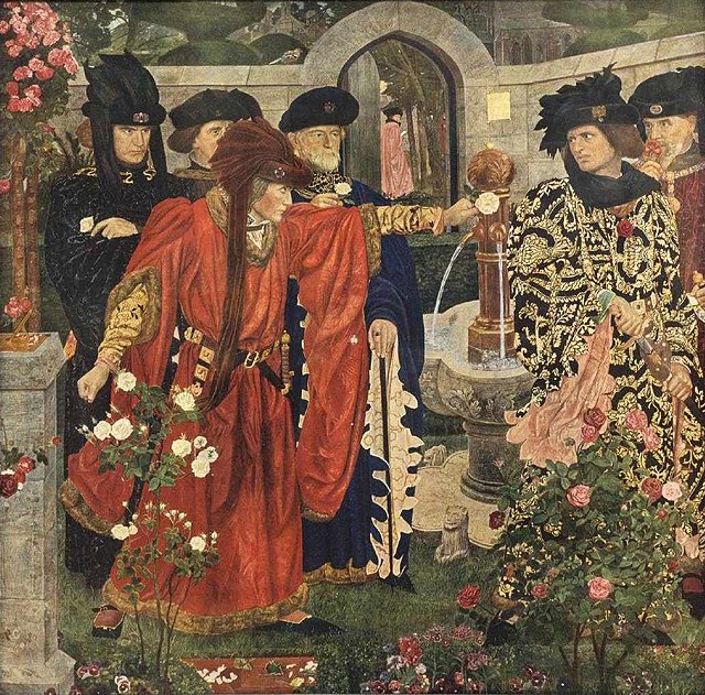 Војна на розите „Кубење на црвено-белите рози во старите храмови градини“ по оригиналната фреска слика од Хенри Алберт Пејн во 1910 година (Британец, 1868-1940), заснована на сцена во Шекспировиот Хенри Шести, оригиналот во Палатата на Вестминстер и подоцнежна слична слика на Пејн во музејот Бирмингем и уметничката галерија, овој отпечаток означуваше „авторско право 1912 година во Лондон и Вашингтон од страна на„ The Fine Art Publishing Co., Ltd. London “, поглед: 20,25„ h, 21 “w, вкупно: 27 "ч, 27,5" W, 9,25 bs