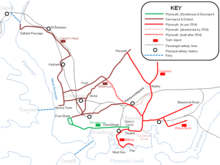 Tramways in Plymouth, showing the Stonehouse (green), Plymouth Corporation (red), and Devonport (brown) routes. Plymouth tramways network.png