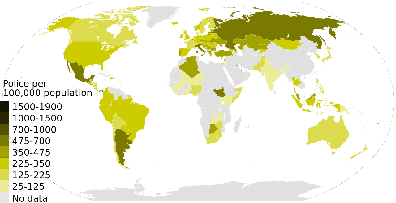 File Police Per 100 000 Population By Country World Map Svg Wikimedia Commons