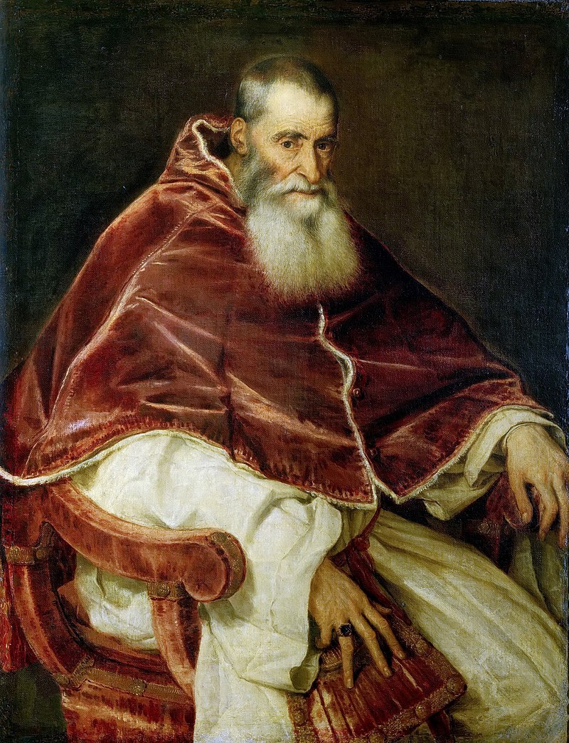 Retrato del papa Pablo III, obra de Tiziano Vecellio en 1543. Se le ve anciano, cansado y desconfiado, pero de mirada inteligente y despierta. Lleva pelo corto y barba blanca, con una túnica blanca con una sobretúnica de terciopelo rojo.