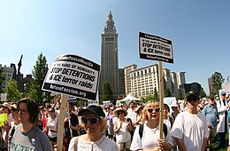 Refuse Fascism placards seen at a rally to protest family separation in Cleveland, Ohio (June, 2018) Rally to end Family Separation Cleveland-02.jpg