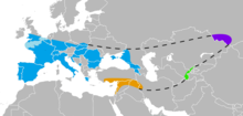 Extension de Neanderthalianes in Europa (blau) e Sudwest Asia (orange), Uzbekistan (verde) e Altai (violette)