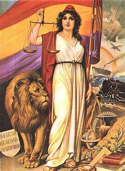 Allegory of the Spanish Republic, displaying republican symbolism such as the Phrygian cap and the motto Libertad, Igualdad, Fraternidad
