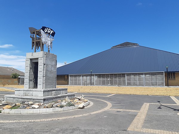 The Rocklands Community Hall where the UDF was founded in 1983. A monument memorializing the founding of the UDF can be seen in the foreground.