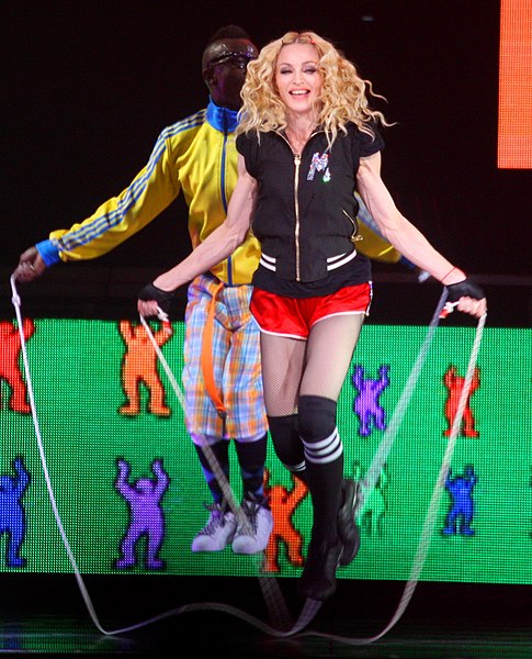 Madonna during the performance of "Into the Groove" on 2008―2009's Sticky & Sweet Tour. It reached the number-one in various territories, including a 