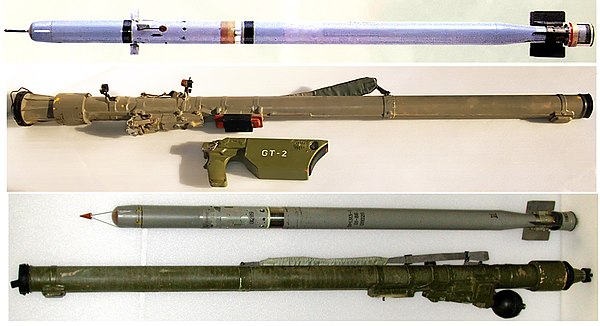 9K38 Igla (SA-18) missile and launcher top and 9K310 Igla-1 (SA-16) missile and launcher below.