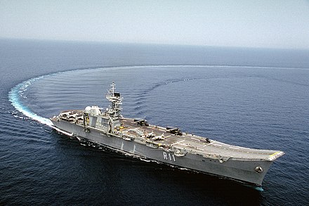 Spanish aircraft carrier Príncipe de Asturias, flagship between 1989 and 2010, during the joint exercise Dragon Hammer '92.