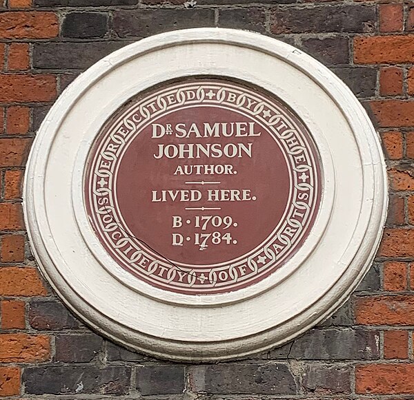Society of Arts plaque on Samuel Johnson's house in Gough Square, London (erected 1876). Many of the early Society of Arts and LCC plaques were brown 