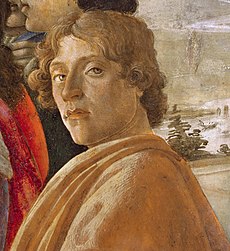 Sandro Botticelli, Klaňanie troch kráľov, okolo 1475, tempera na dreve, Galleria degli Uffizi, Florencia, detail s umelcovým autoportrétom