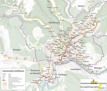 Urban bus routes of vbsh in the towns of Schaffhausen and Neuhausen am Rheinfall (as of December 2023) Schaffhauser Verkehrsbetriebe 2024.png