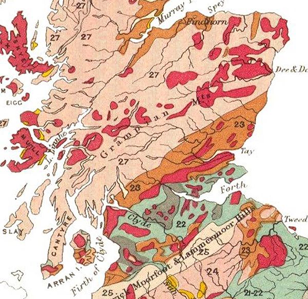 Verouderde geologische overzichtskaart van Schotland, 1904.