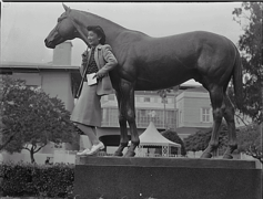 Schwarzweiss-Foto einer jungen asiatischen Frau, die neben einer nackten Pferdestatue aufwirft.