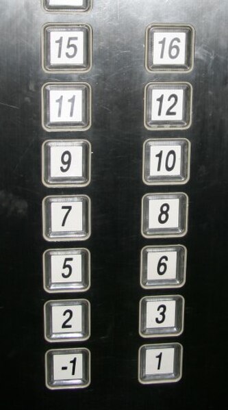 An elevator control panel in an apartment building in Shanghai. Floors 4, 13 and 14 are missing.