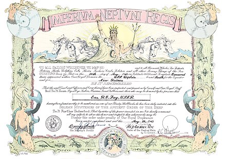 Shellback certificate for Bob Fay aboard USS Diphda for crossing the Equator in the Pacific at the end of World War II, August 1945.