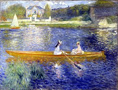 La yole o El Sena en Asnieres,[73]​ de Auguste Renoir, 1879-1880. "El azul cobalto y el anaranjado de cromo se contrastan mutuamente en una deslumbrante exhibición de colores complementarios".[6]​