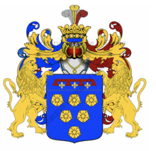 Blason de la famille latini. fond en bleu avec trois roses d'or et un bandeau or sur le haut.