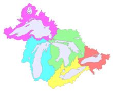 A map of the Great Lakes Basin showing the five sub-basins within. Left to right they are: Superior (magenta); Michigan (cyan); Huron (pale green); Erie (yellow); Ontario (light coral). Sub-basins Great Lakes Basin.png