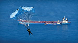 A member of the Submarine Parachute Assistance Group during a practice jump into the bay of Gibraltar in 2011 Submarine Parachute Assistance Group Practice Jump in the Bay of Gibraltar MOD 45153857.jpg