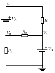 In this circuit, both VA and VB are supernodes. VA has two unreferenced nodes, whereas VB has one referenced node (ground) and one unreferenced node. Supernode in circuit analysis.svg