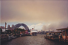 A pall of bushfire smoke over Sydney during the 1994 Eastern seaboard fires. Sydney bushfire.jpg