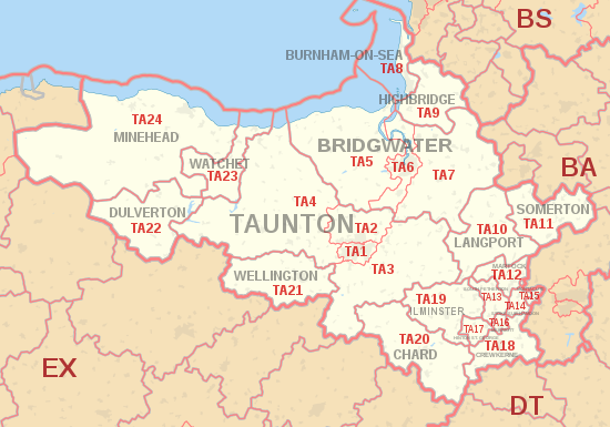 TA postcode area map, showing postcode districts in red and post towns in grey text, with links to nearby BA, BS, DT and EX postcode areas. TA postcode area map.svg