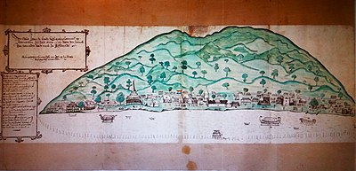 The royal settlement Gammalamo with the fortress (A) and mosque (Q) as they appeared some years after Babullah's death. Panoramic image from 1601. Ternate 1601 Artus Gijsels.jpg