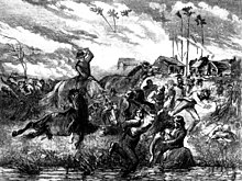 Mensen die hun toevlucht zoeken in de Peshtigo-rivier. Ontleend aan Harper's Weekly, 1871 pagina 1037