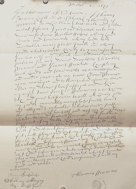 Sir Thomas Browne's will, dated 2 December 1679