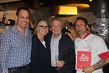 Tony Gemignani at his restaurant Tony's Pizza Napoletana for The Pizza Bible release party on October 21st, 2014 with Susie Heller, Steve Siegelman, and Jacques Pepin. TonySteveSusieJacques.JPG