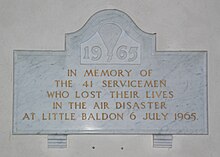 Close up of the Monument in St Lawrence's parish church TootBaldon HandleyPageHastings CrashMemorial.JPG