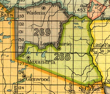 Land ceded by the treaty of Fond du Lac in 1847, designated 268 (green) on the map. Treaty of Fond du Lac 1847.png