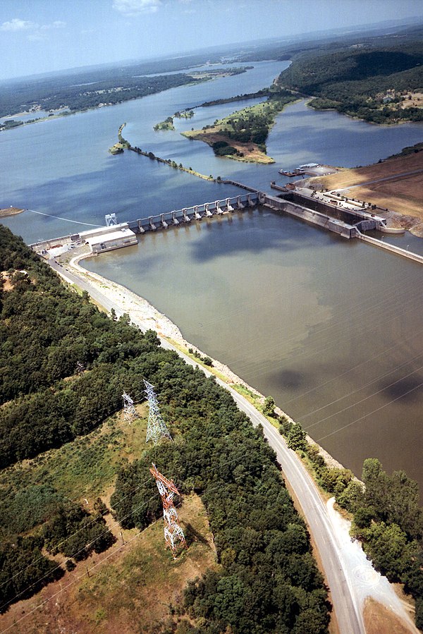 The Arkansas River in Muskogee County. The Webbers Falls Lock and Dam on the river are part of the navigation system on the river, maintained by the U