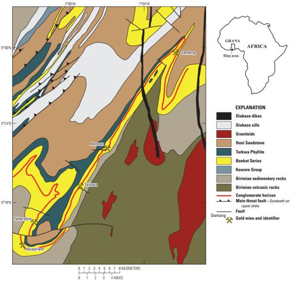 Geologic map of the Tarkwa gold district in Ghana showing significant folding and faulting USGS geologic map Ghana.png