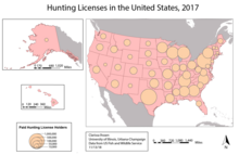 A map of total hunting licenses purchased in the United States in 2017 USHuntingLicenses.png