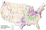 Contiguous United States power transmission grid consists of 300,000 km of lines operated by 500 companies. UnitedStatesPowerGrid.jpg