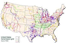 The electrical grids of the contiguous United States consists of 190,000 kilometres (120,000 mi) of lines operated by 500 companies. UnitedStatesPowerGrid.jpg